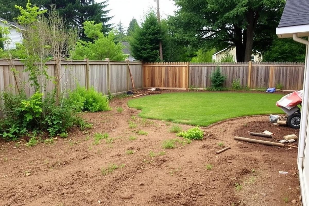 The same back yard cleared of brush with the fence line visible after cleanup