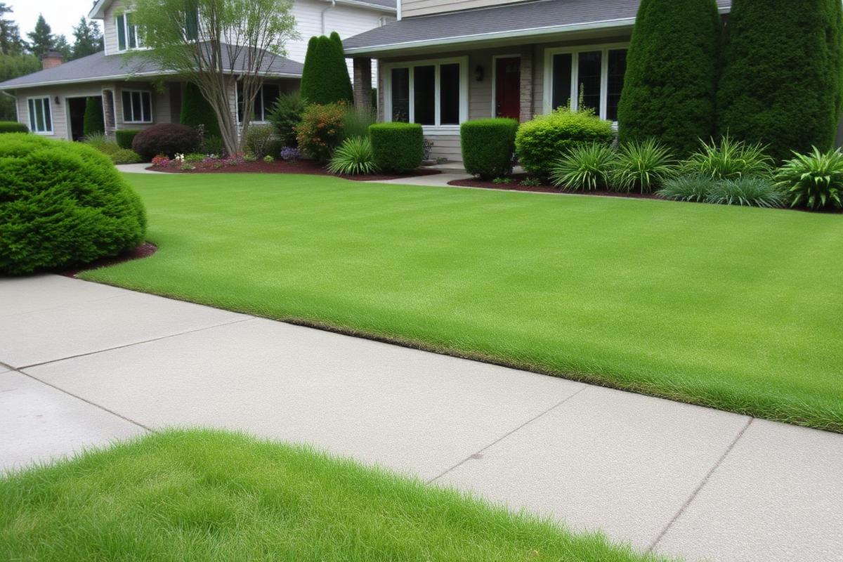 The same front lawn freshly mowed and edged after Ray Ortega Property Care service
