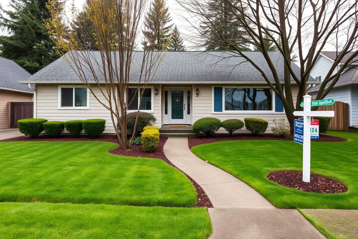 The same home with mowed lawn, fresh mulch and for sale sign after MLS prep