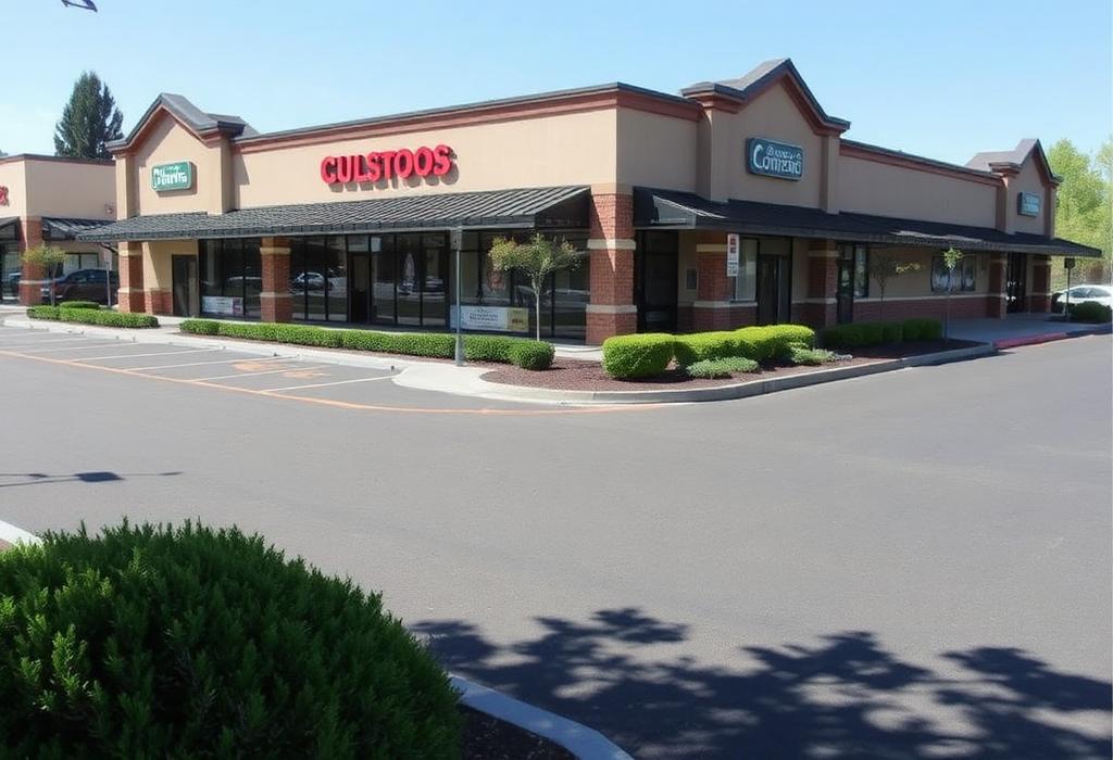 Small commercial retail building with trimmed shrubs and clean parking lot