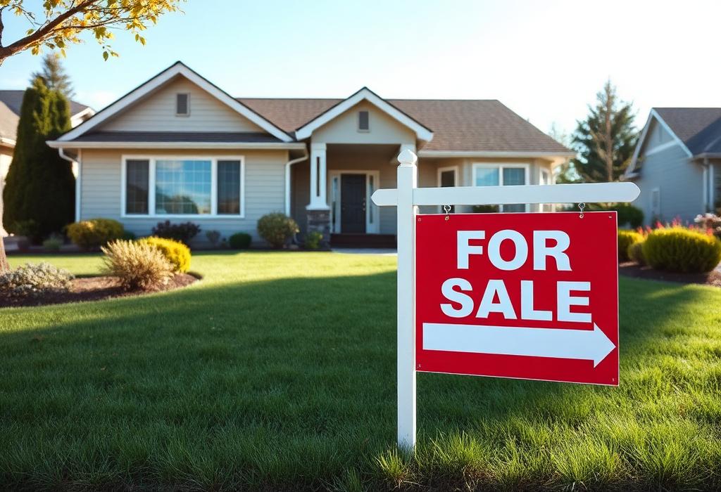 Clean suburban home with a for sale sign and manicured lawn