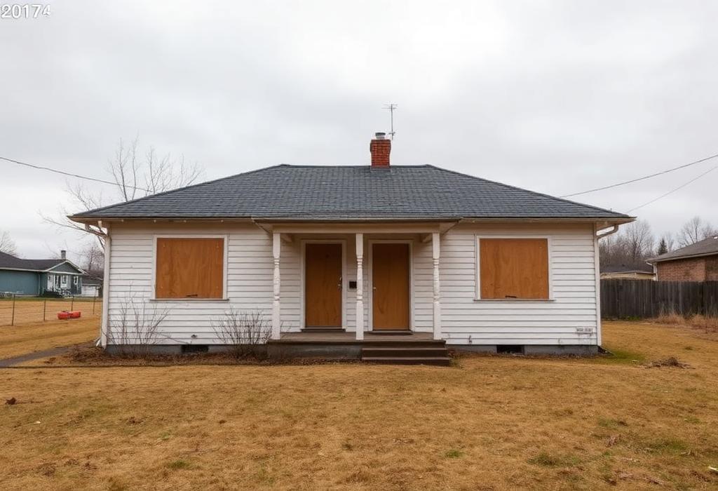 Vacant boarded-up house with dry yard awaiting property preservation service
